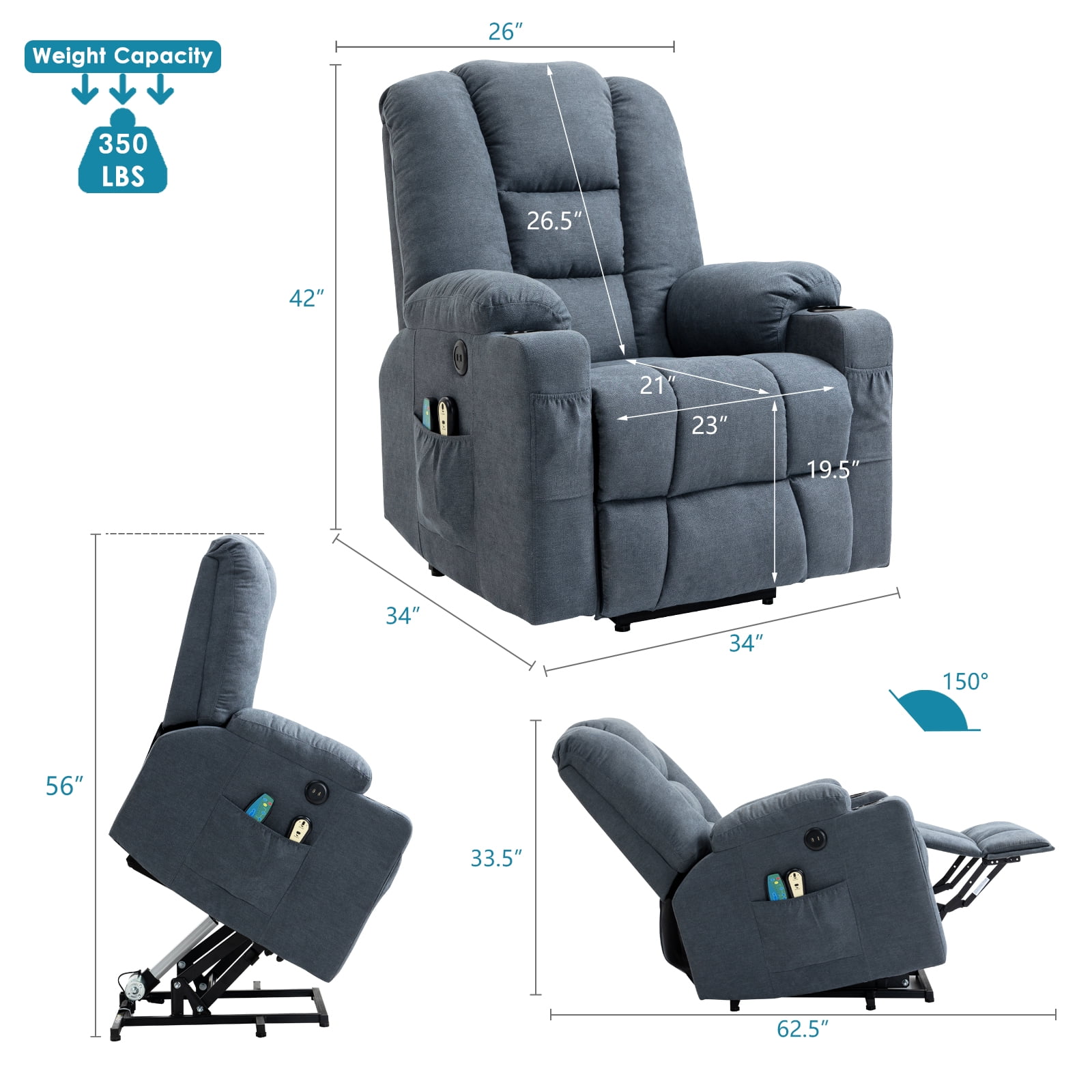OUINCH Power Lift Recliner Chair with Massage & Heat, USB Ports, Cup Holders, Blue