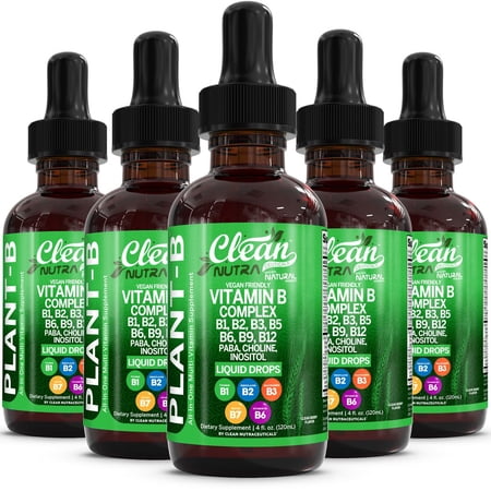 Vitamin B Complex Liquid Drops | Thiamine B1, B6, B2, B3, B4, B5, B7 B9, B12, Niacinamide, Paba, Choline Inositol Taurine Probiotics Beet Root Spirulina - Plant-B Vitamin Supplements by Clean Nutra
