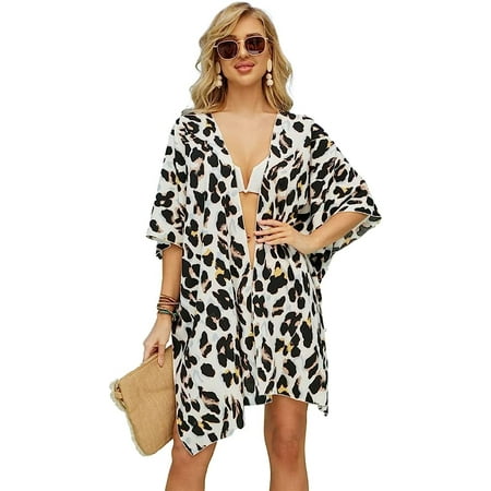 Kukuzhu Women Bathing Suit One Piece Cover Up Bikini Blouse Kimono Leopard Pattern Gradient Color Imitation Silk Cardigan