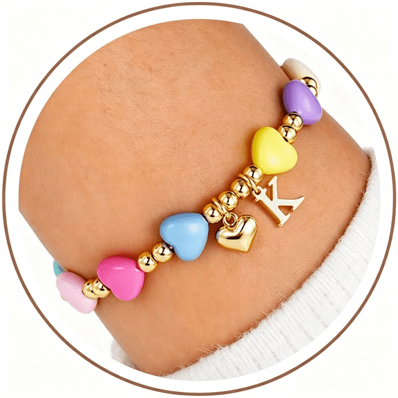 DESIGNICE Colorful Heart Initial Bracelet,Letter A-Z Beaded Bracelets Gift|14K Gold Plated,Heart Initial Bracelet,Colorful Heart Bracelet Adjustable Bracelets,Birthday Gifts for Women Teen Girl Kid