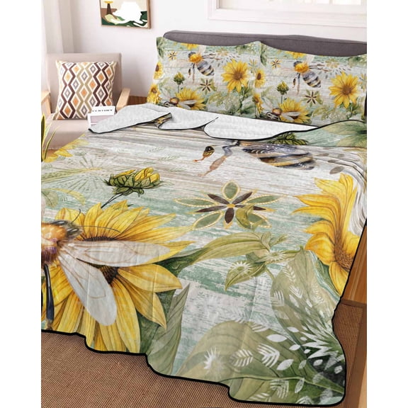 Sunflower Bee Twin Size Down Alternative Comforter, Lightweight Comforter Quilt Bedding Set with Pillow Shams Vintage Summer Botanical Farmhouse All Seasons Bed Comforter Duvet Insert 68"x86"