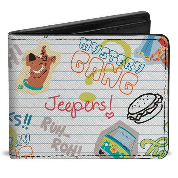 Scooby Doo Wallet, Bifold, Scooby Doo Notebook Doodles Collage White Multi Color, Vegan Leather
