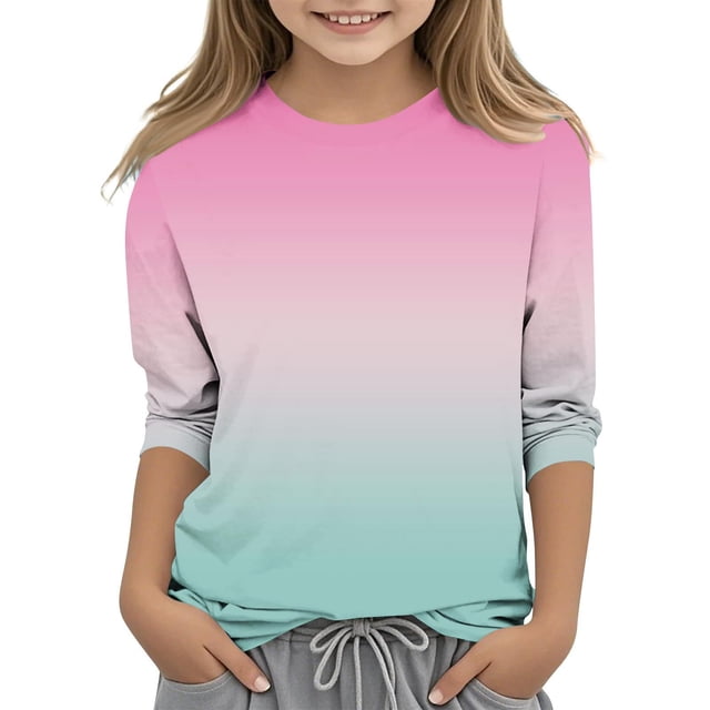2025 T-Shirts Décontractés à Manches 3/4 pour Filles, Col Rond, Hauts d'Été, Blouses d'Automne, Pull Rose