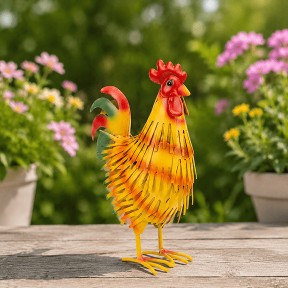 LUMIARTISAN Rooster Garden Statue Metal 8.66 inch Colorful Farmhouse Decor