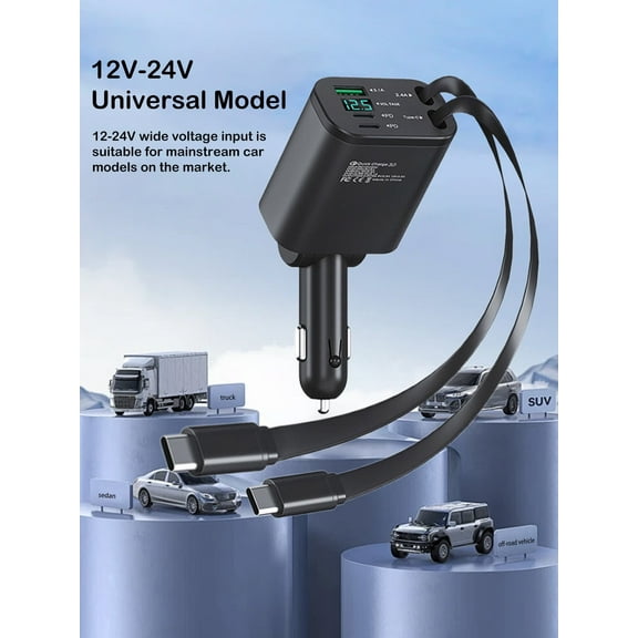 AKKHOO 5 in 1 Retractable Car Charger , 90w USB C Fast Charger for Car , Cigarette Lighter Adapters with Cord 2.19ft,180° Adjustable, Car Chargers Compatible with Android and iPhone