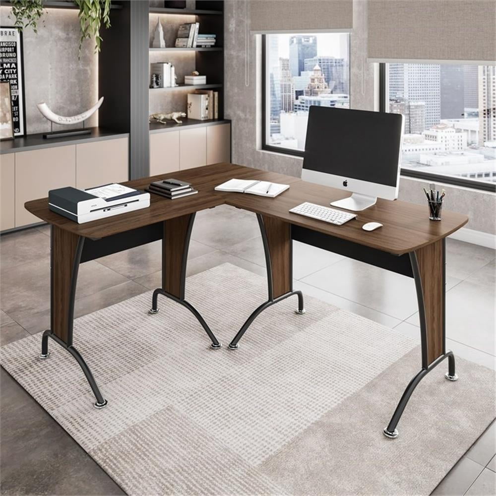 Scranton & Co Wood and Metal L-Shaped Computer Desk in Mahogany