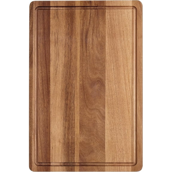Large Natural Acacia Wood Cutting Board, 18"x12" Reversible Butcher Block with Deep Juice Groove & Side Handles, Durable Multipurpose Chopping Board