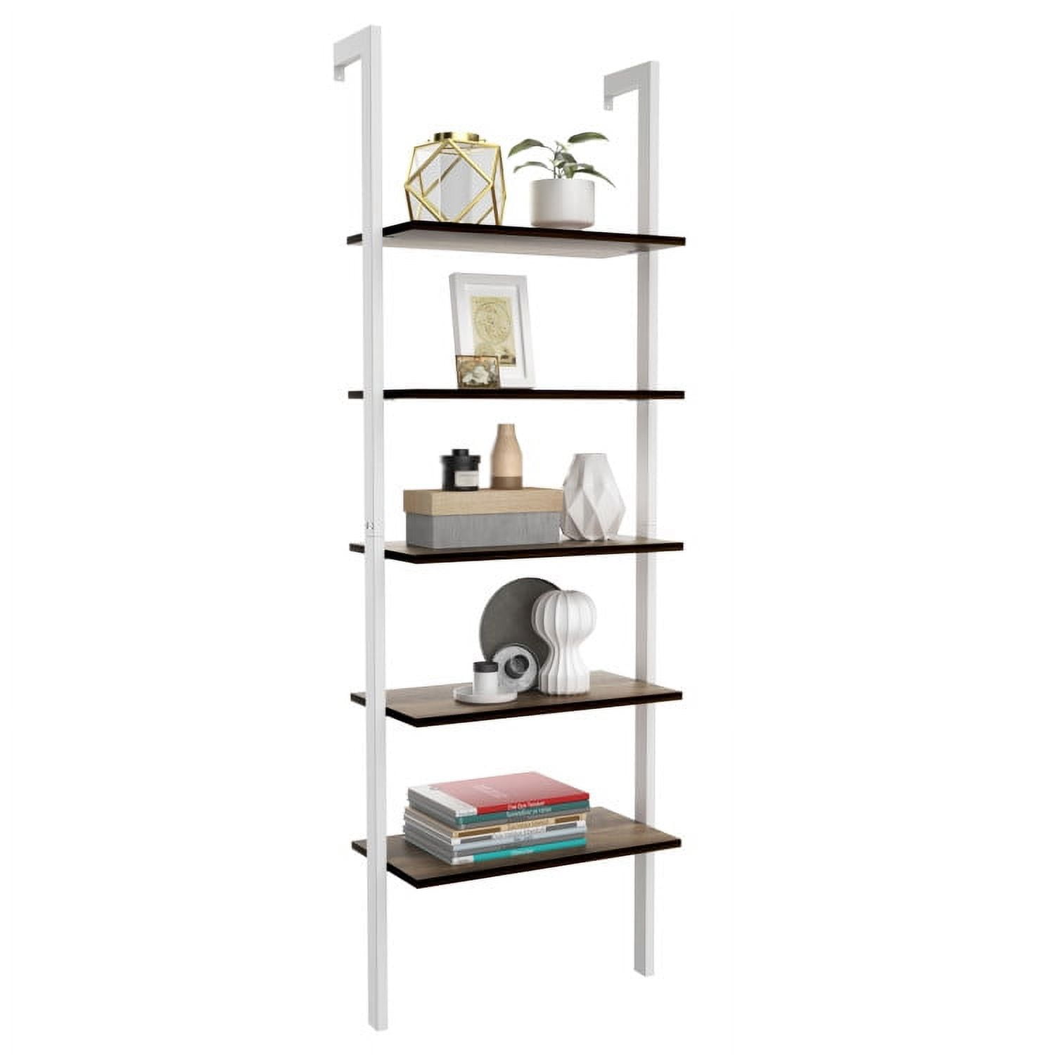 Demi Bonn 5-Tier Wood Look Ladder Shelf with Metal Frame for Home, Multipurpose Open Bookshelf, White