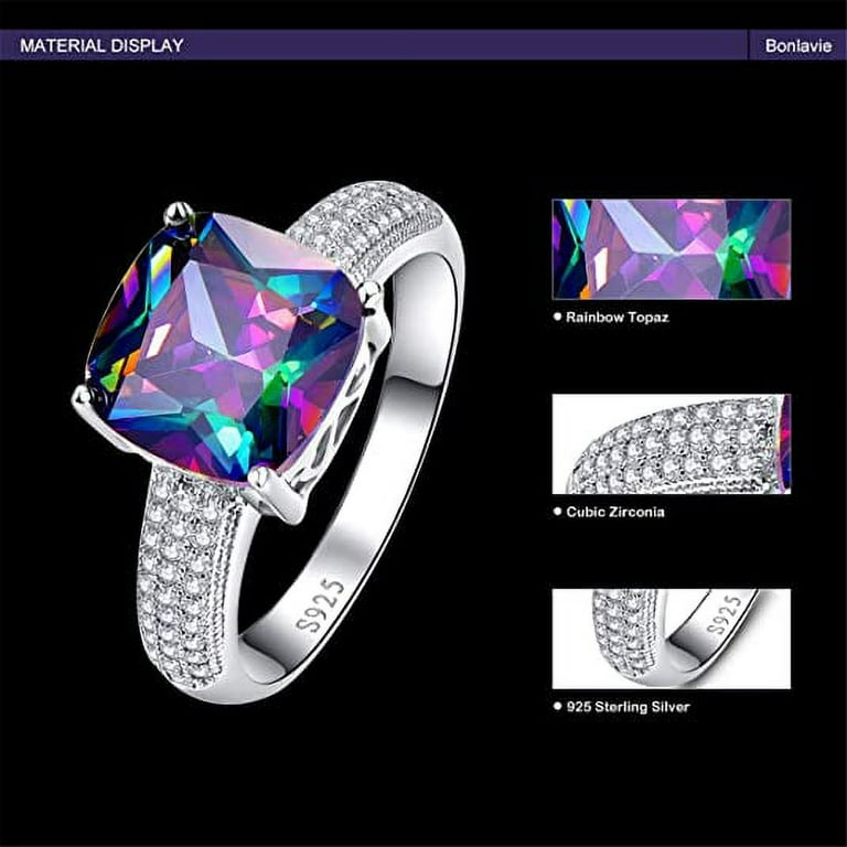 Mystic Rainbow Topaz CZ Ring – Sterling Silver 925, Princess Cut With Accents, Multicolor