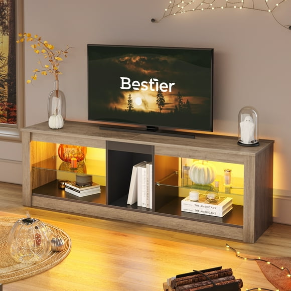Bestier RGB TV Stand for TVs up to 60" with LED Lights Entertainment Center, Wash Grey