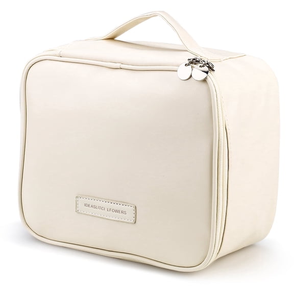Large Capacity Travel Makeup Bag, Portable PU Leather Cosmetic Bags for Women, Travel Toiletry Bag Case with Adjustable Dividers for Cosmetics Brushes Tools Jewelry (Beige)