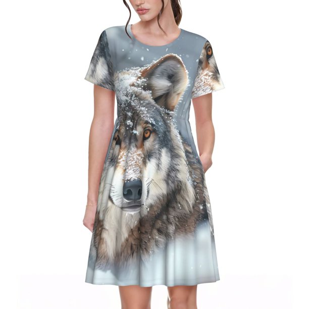 Balery Majestic Snowy Wolf Vestidos sueltos de manga corta para mujer, vestidos de verano 2025, vestidos casuales de corte A con vuelo.
