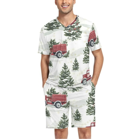 joogoo Men's Pajama Set Christmas Tree on Truck V-Neck Pj Shorts Set 2 Piece Loungewear Sleepwear L