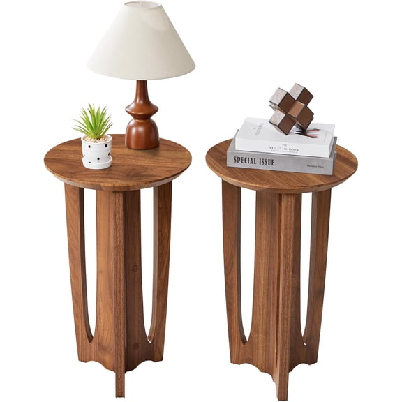 Side Table Set of 2,Mid Century Modern Narrow Round End Table with Curved Legs, Small Side Tables for Living Room, Bedroom (Walnut)