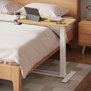 FitStand Adjustable Overbed Bedside Table with Wheels, Pneumatic Mobile Standing Desk, Mobile Rolling Laptop Desk for Hospital Home, Maple
