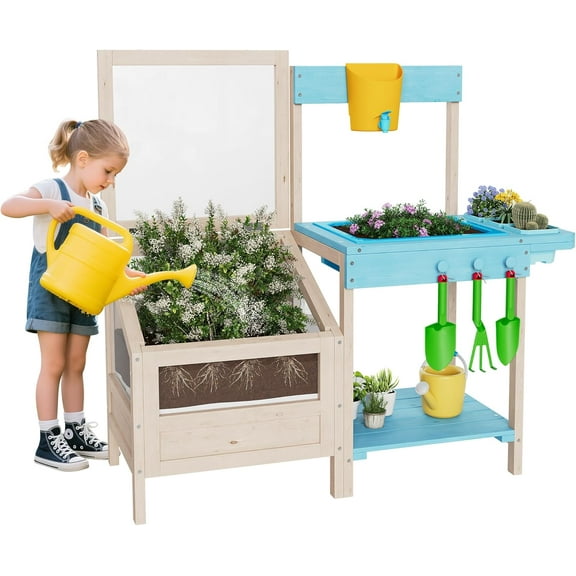 ChaoLink Outdoor Wood Mud Kitchen & Potting Bench, Kids Gardening Playset w/Planter Box, Sink & Storage Shelf