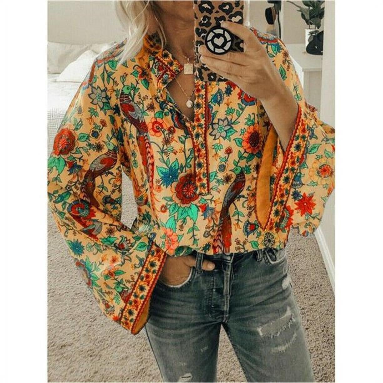 Women Boho Floral Long Sleeve Hippie Blouse Casual Loose Tunic Shirts Plus Size 
