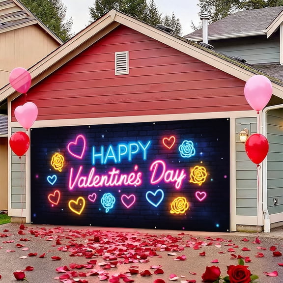 YaoZQ Happy Valentine's Day Garage Banner, Glowing Neon Light Style Sign Background, Durable Polyester Hanging Prop for Indoor Outdoor Holiday Party Decor, 157.5x70.9 inch
