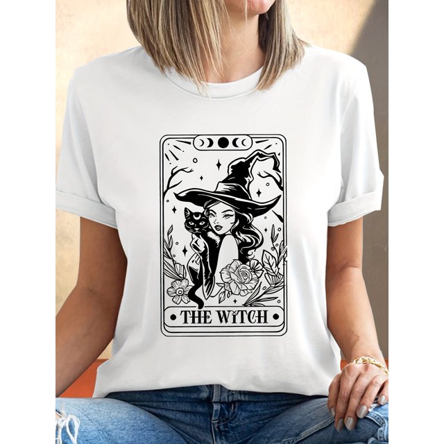 Halloween T-shirt - Women'S Witch Tarot Card Print T-Shirt, Casual Crew Neck Short Sleeve Top, 100% Cotton Fabric, Slight Stretch, Regular Fit, all-Season Wear, for Halloween