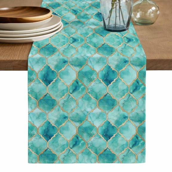 Teal Geometric Table Runner, Modern Morocco Abstract Art Washable Cotton Linen Table Runners 72 Inches Long, Dresser Scarf Runner for Dining/Coffee/Kitchen/TV Stands/Cabinets 13''x72''