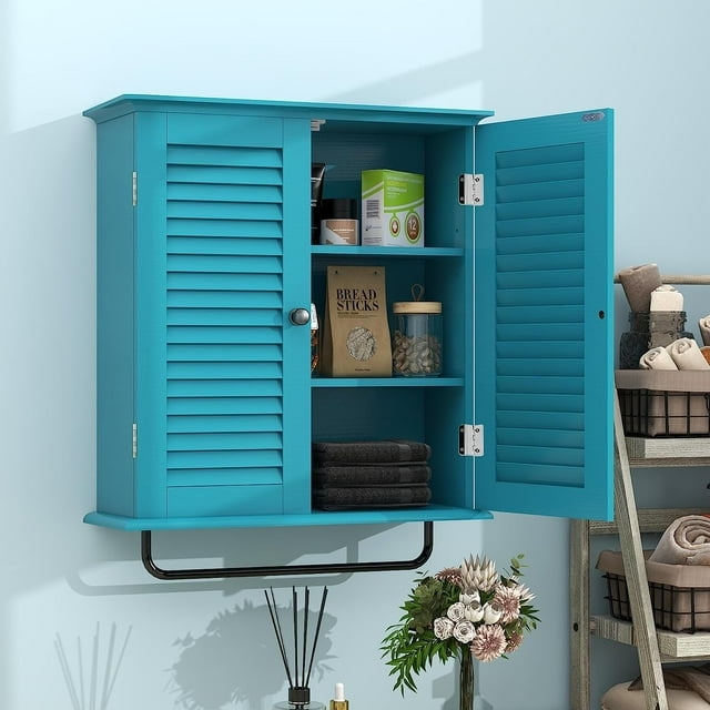 SHMAMT Bathroom Cabinet Wall Mounted Green Designer Bathroom Wall Cabinet Medicine Cabinet with Double Shutter Doors 3 Tier Adjustable Shelf with Towel Rack Over The Toilet Storage Cabinet Laundry
