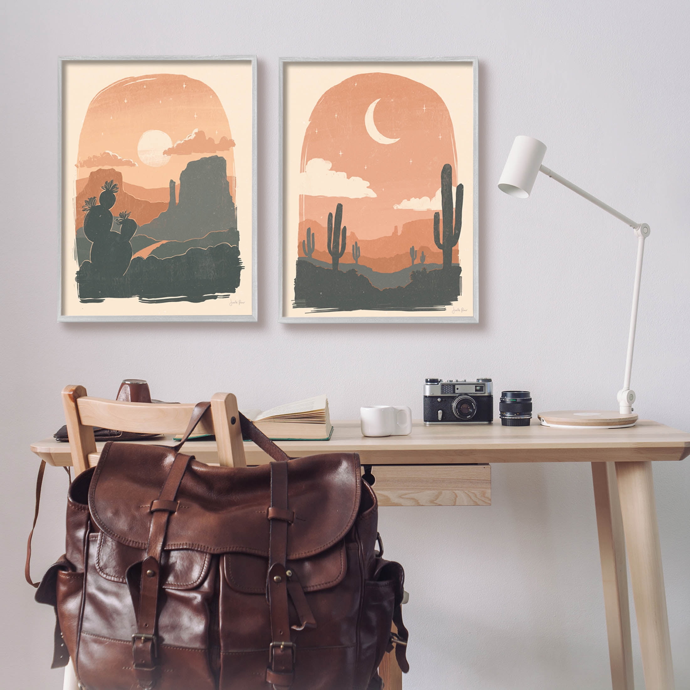 Stupell Industries Contemporary Desert Scene Silhouette Graphic Art Gray Framed Art Print Wall Art, Set of 2, Design by Janelle Penner
