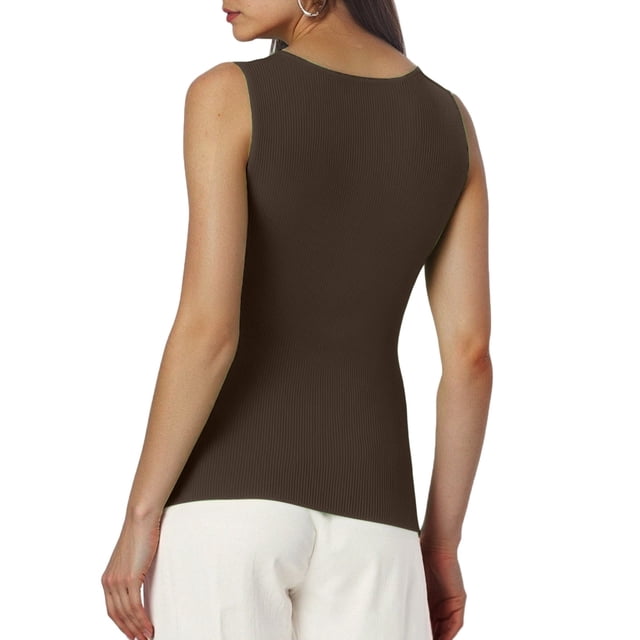 GPOECD Women's Asymmetric Button Side Slit Sleeveless Boat Neck Knit Sweater Vest Ribbed Design for Stylish Layering Coffee,L