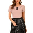 thumbnail image 5 of INSPIRE CHIC Womens Bow Neck Solid Short Sleeve Peter Pan Collar Blouse Casual Summer Top XS Pink, 5 of 7