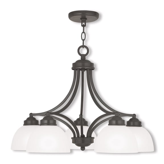 5 Light English Bronze Dinette Chandelier with Satin Glass Shade