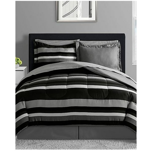Black Gray White Teen Boys Reversible Stripe Full Comforter Set 8 Piece Bed In A Bag Walmart Com Walmart Com