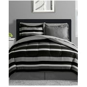 Black, Gray & White Teen Boys Reversible Stripe Full Comforter Set (8 Piece Bed In A Bag)