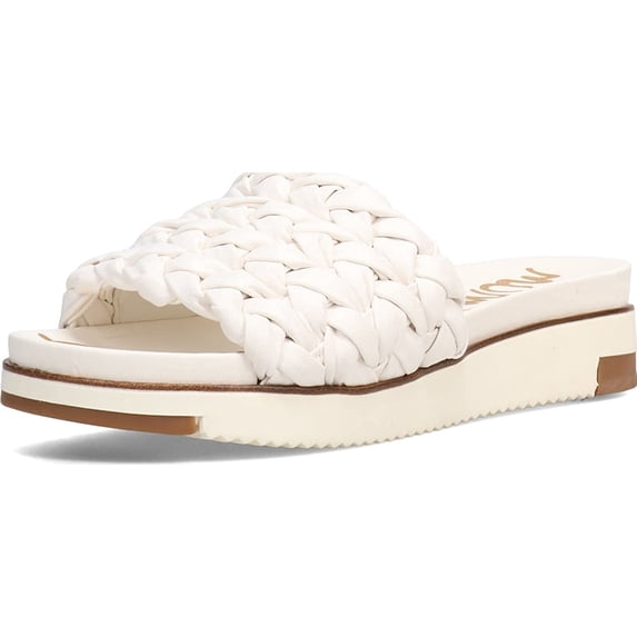 Sam Edelman Ainslie White Open Round Toe Braided Straps Flat Slide Sandals (White, 10.5)