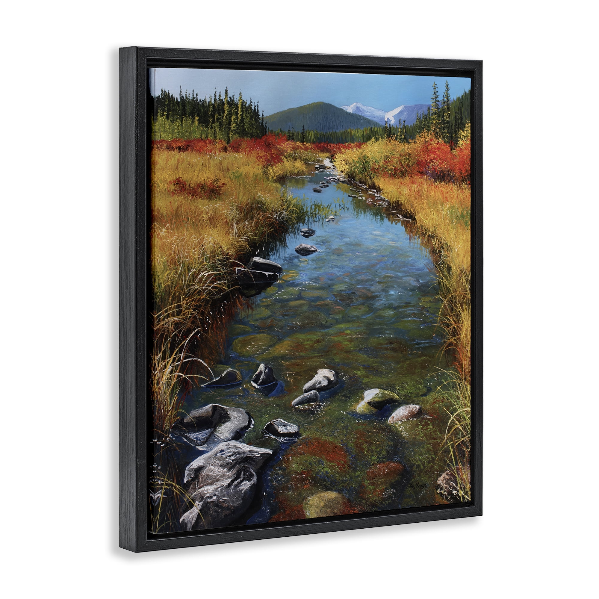 Stupell Industries Outflow From Lake Landscape & Nature Painting Black Floater Framed Canvas Art Print Wall Art, 25 x 31