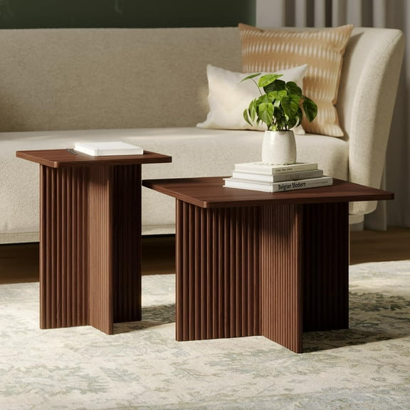 Stead Square Fluted Nesting Coffee Tables, 2 Piece Coffee Table Set, Modern Drink Desk for Living Room, Modern Home Decor, Solid Wood Base and Wood Grain Veneer Top (Walnut)
