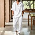 thumbnail image 2 of Men's Beach Outfit 2 Piece Linen Casual Button Down Henley Shirt Short Sleeve Loose Drawstring Hoodie and Harem Pants Vacation Sets for Men Size 3XL White, 2 of 9