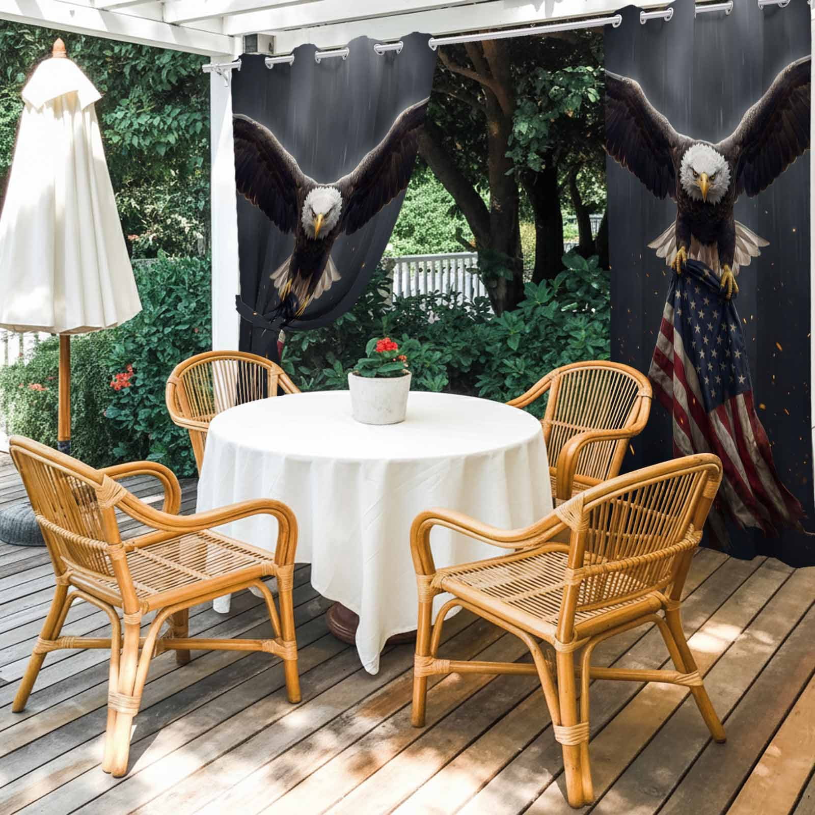 Independence Day Bald Eagle Outdoor Curtains for Patio, Patriotic Red Stripe Blue Star American Flag Sunshade Privacy Drapes Grommet Waterproof Outside Curtains for Porch Balcony 54"x108", 2 Panel