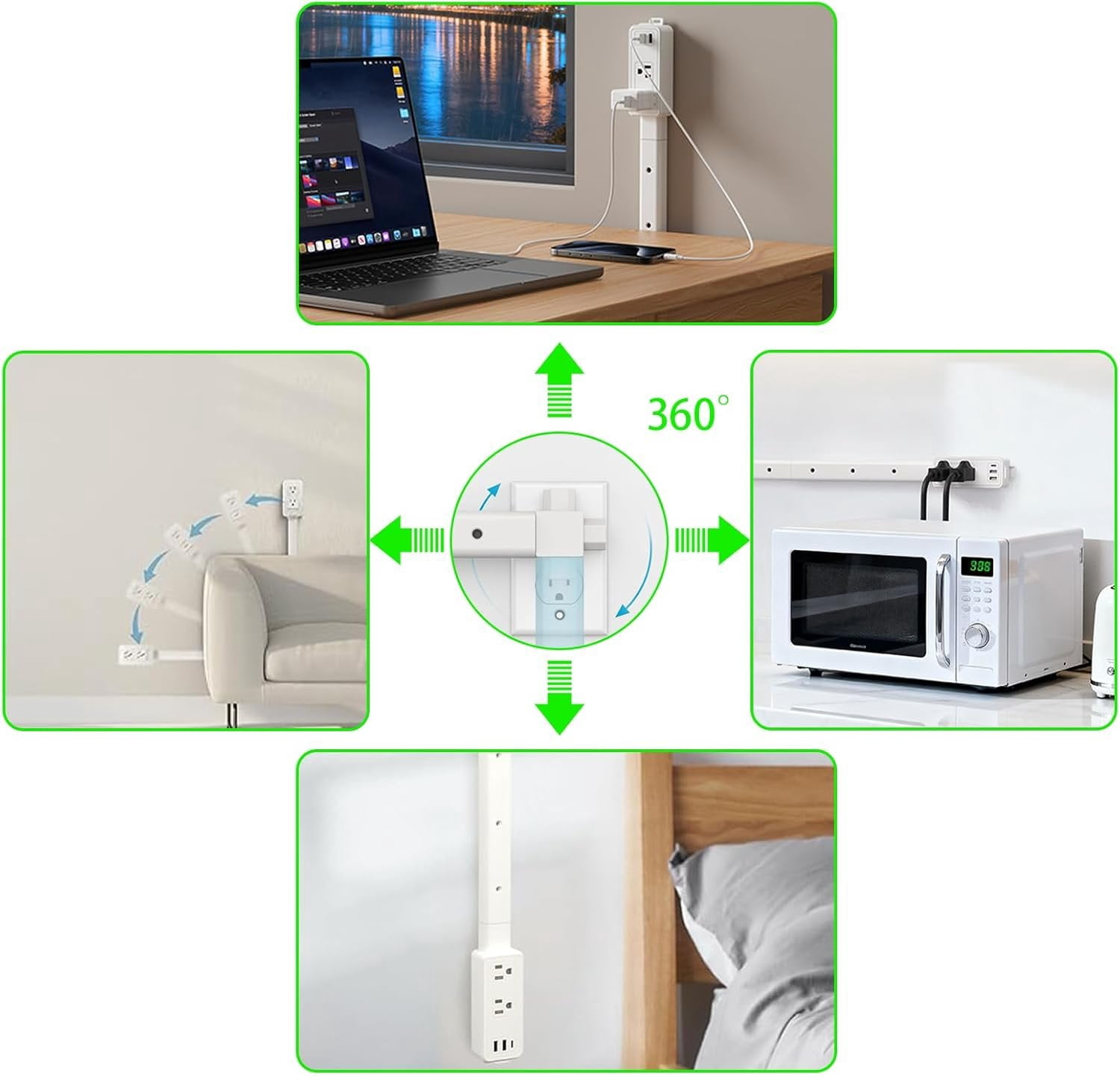 Outlet Extender Stick 9"-45" Adjustable, Wall Power Extension Electrical with USB-C, 2 USB-A & 2 AC Outlets, 360? Rotating Plug Extender for Behind Bed, Nightstand, Couch