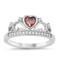 CHOOSE YOUR COLOR Tiara Crown Heart Simulated Garnet Ring .925 Sterling Silver Band Red CZ Female Size 7