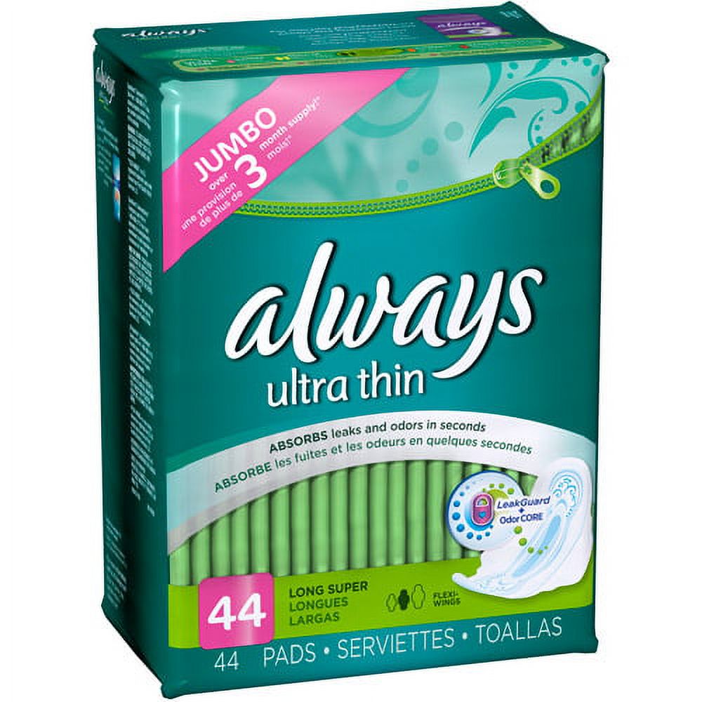 Always Ultra Thin Pads with Wings, Long, Super, 44 Count