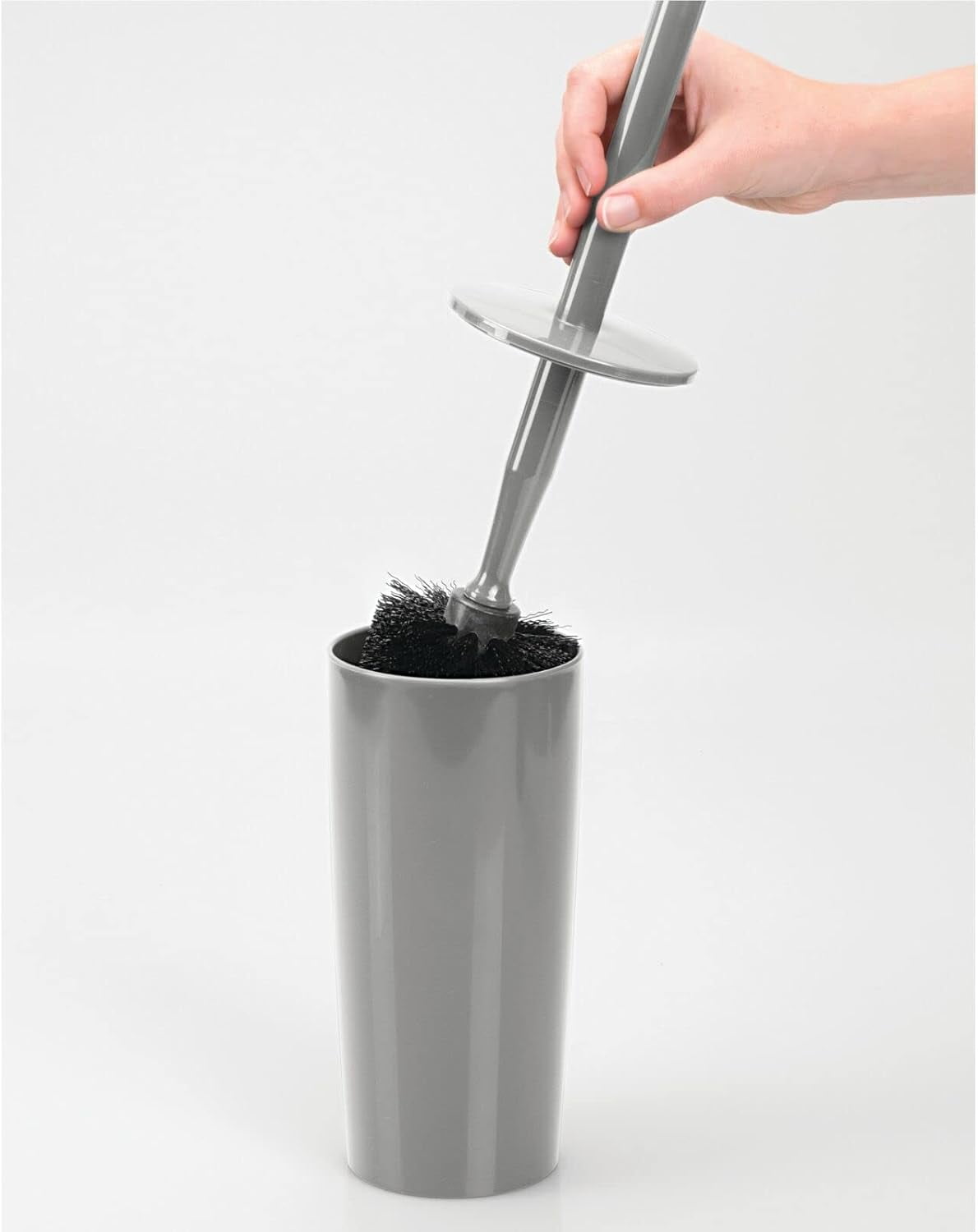 Slim Plastic Toilet Bowl Brush and Holder Set, Modern Compact Storage Organizer Cleaner Scrubber for Toilet - Heavy Duty Cleaning Plunger for Bathroom, Aura Collection - Gray