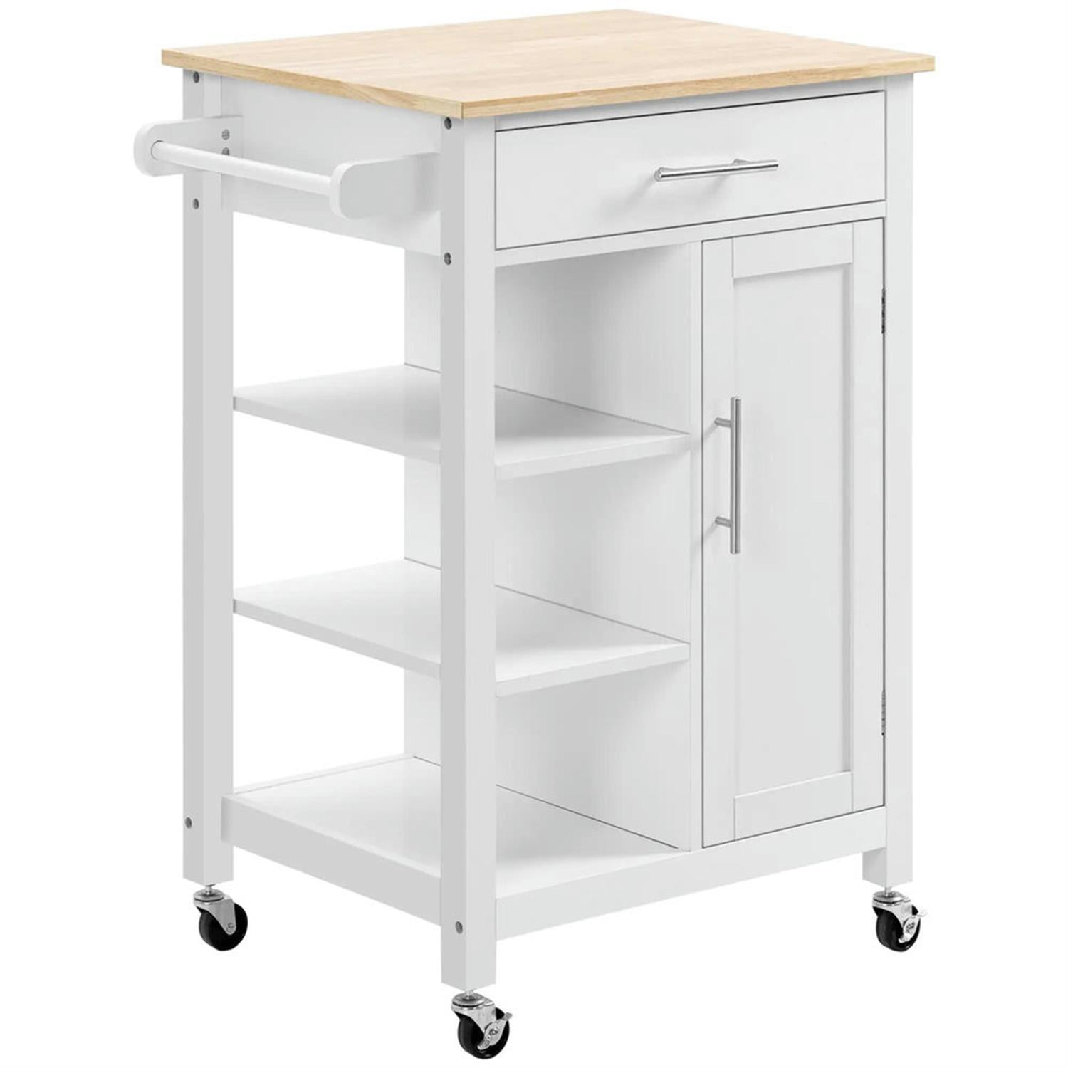 Demi Bonn Kitchen Island Cart on Wheels with Storage, Rolling Dining Room Serving Utility Carts Mobile Movable with Solid Wood Top and Drawer, White