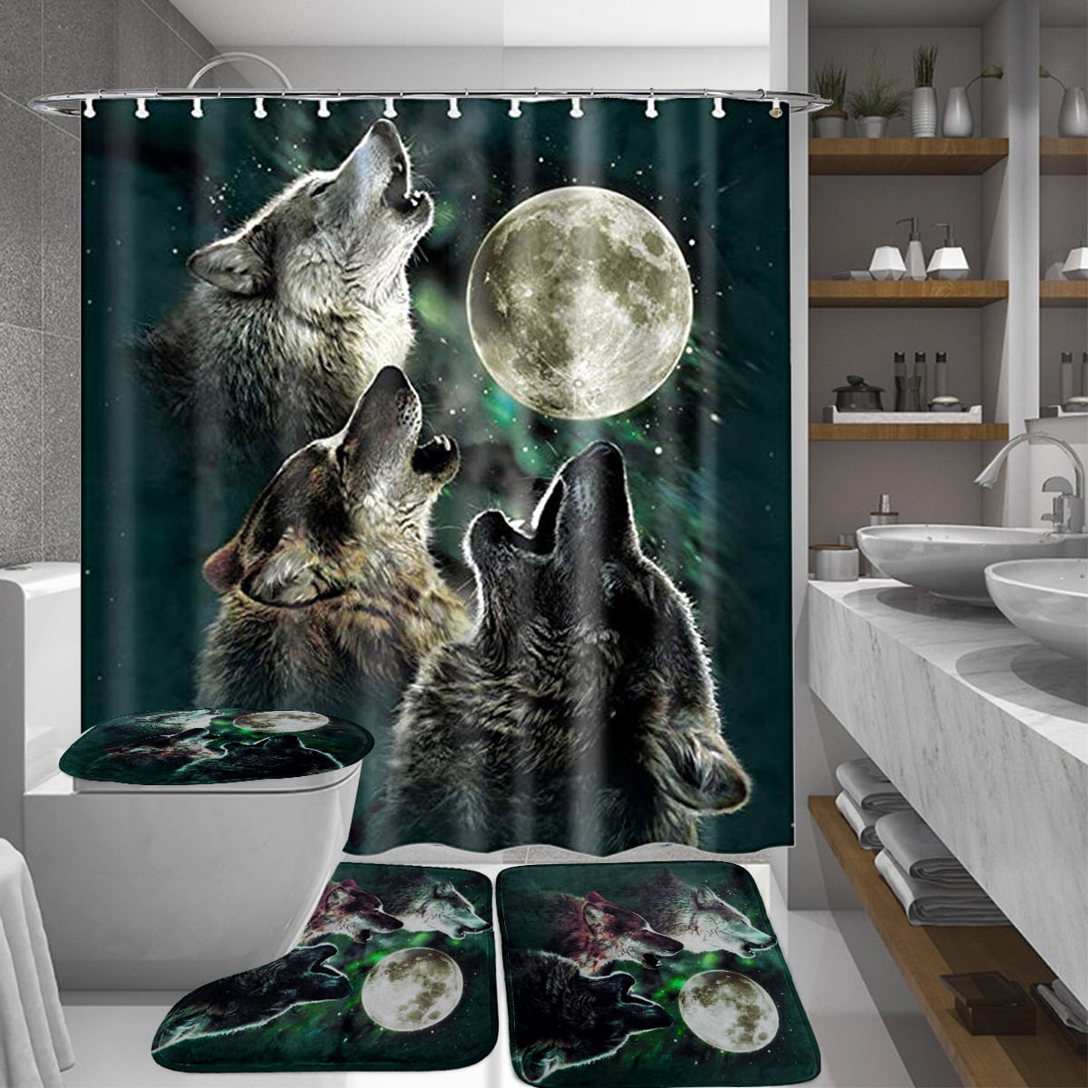 4-piece Moon Wolf Bathroom Set Waterproof Shower Curtain & Base Pedestal Rug + Non-slip Bath ...