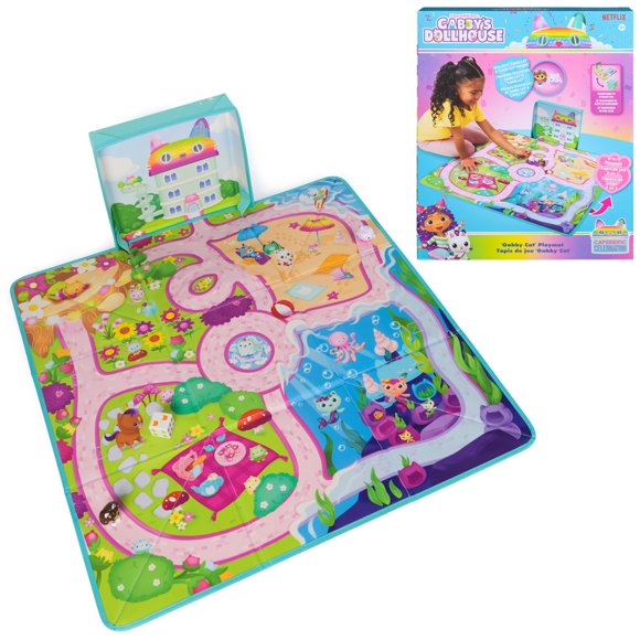Casa de muñecas DreamWorks GABBY, tapete de juego Gabby Cat, con 2 figuras, accesorios para casa de muñecas y juego de mesa con dados, juguetes para niños y niñas de 3 años en adelante