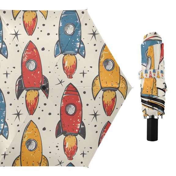 Hand Drawn Rocket Compact Sun Umbrella Windproof Travel Umbrellas for Rain Strong Portable UV Protection