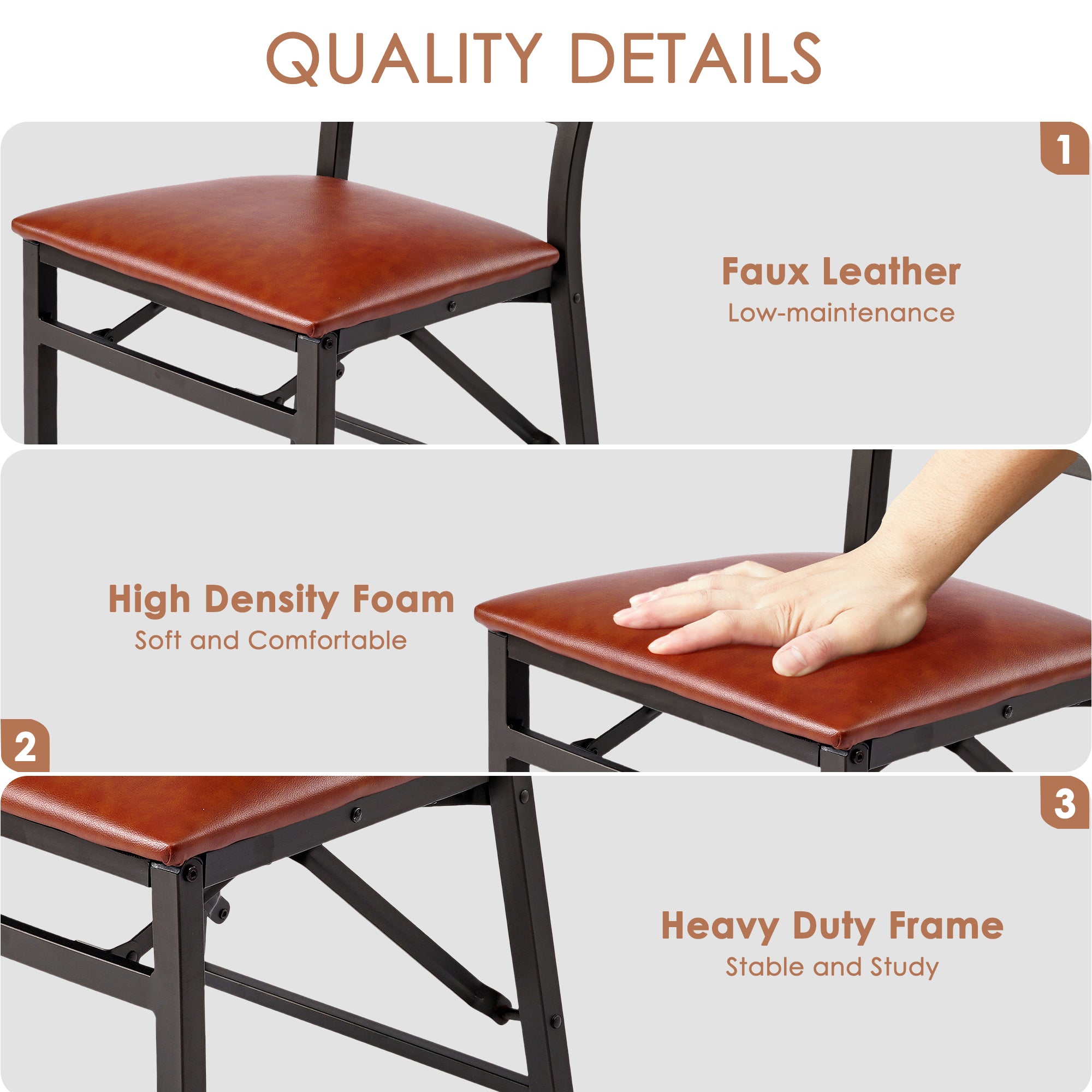VECELO Set of 6 Metal Folding Chairs, High Back PU Upholstered Dining Chairs with Metal Frame, Modern Style Folding Chairs for Kitchen, Dining Room, Space Saving Design, Brown