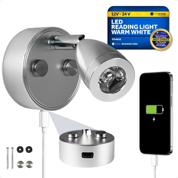 Five Oceans RV LED Reading Light with Touch Dimmer on Base/Housing/Swivel, USB-C, Warm White, 200LM, 10-28V, Interior Lights for Boats, RVs, Trailers - FO4842