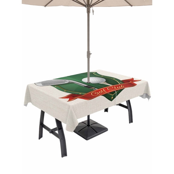 Outdoor Tablecloth with Umbrella Hole for Patio/Picnic/Party/Camping, Golf Waterproof Table Cloth Rectangle Table Cover Washable, Modern Red Green Sports Artwork on Linen (60"x 84")