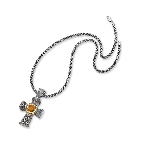St. Silver 14k Yellow Diamond Citrine Cross 18 Inch Necklace by