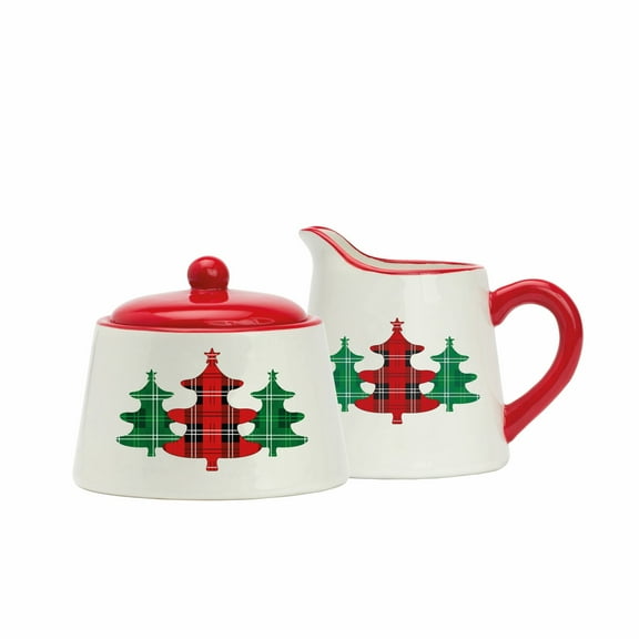 Amici Home Christmas Tree Sugar & Creamer Set - 8oz Ceramic Pitcher with Drip-Free Spout & Bowl with Lid - Holiday Plaid Xmas Tree, Vintage Sugar & Creamer Set - Great Gift for Holidays