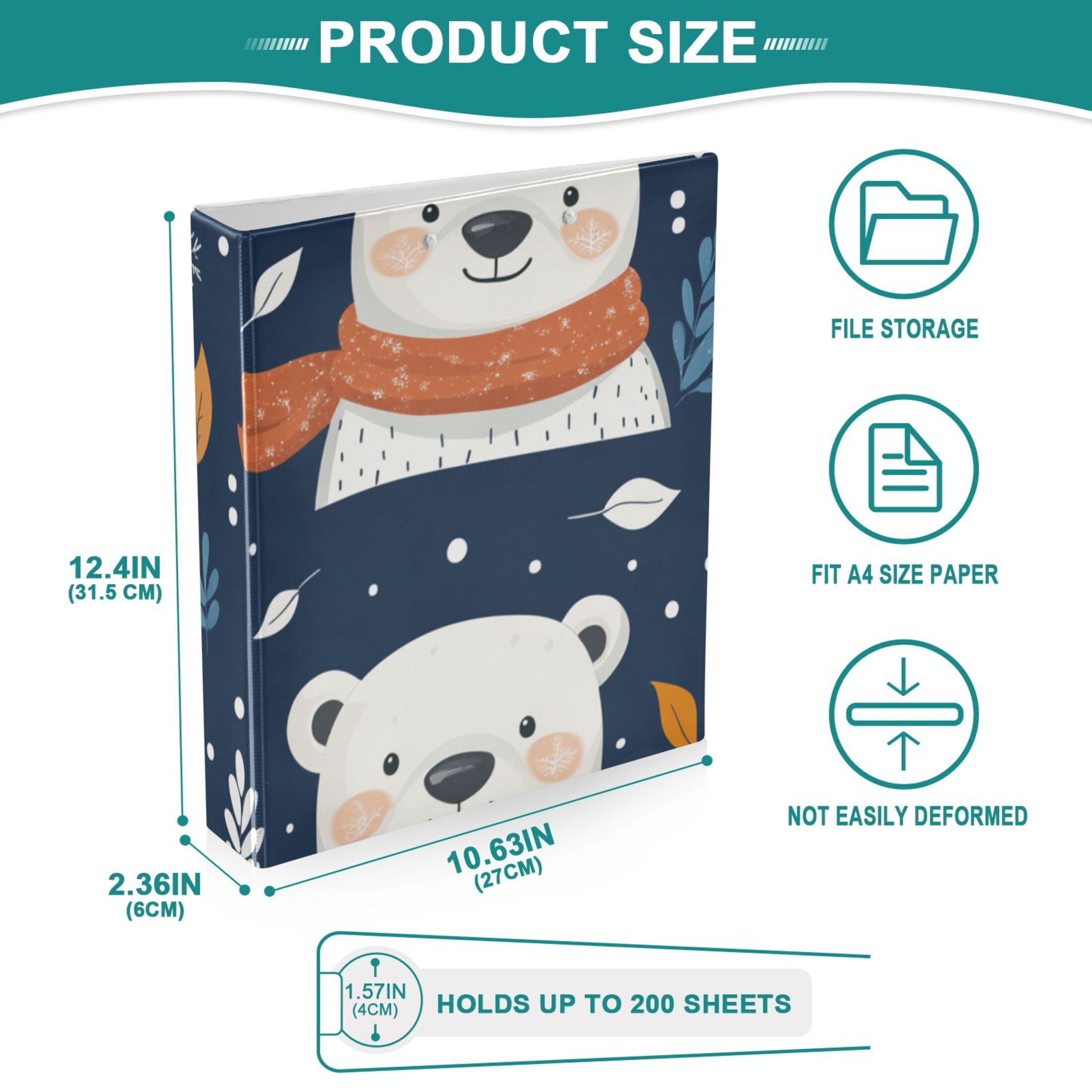 Polar Bears Snow 3 Ring Binders 1.5 inch Hardcover File Folders with Interior Pockets A4 Size Organizer for School Office Hospital